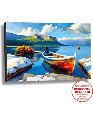 Harikabirev Kanvas-Duvar-Salon Tablosu Yağlı Boya Efektli Manzara Tekne Art|tekli Yatay Çerçevesiz