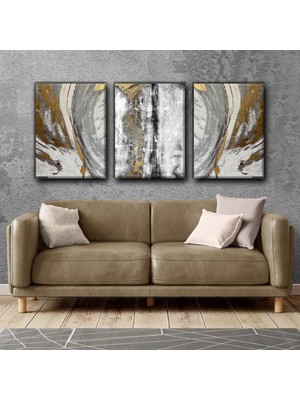Harikabirev Soyut Gri-Altın Desenli Tablo |3lü Dikey Çerçevesiz Kanvas Tablo Çsdkyknvs