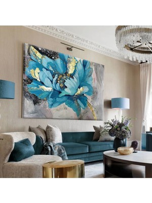 Harikabirev|mavi-Gri -Sarı Çiçek Tablosu |tekli Çerçevesiz Yatay Kanvas Tablo
