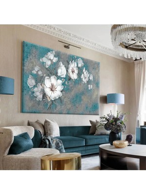 Harikabirev Hari?kabi?rev|turkuaz-Gri?-Beyaz Çi?çek Tablosu |tekli? Çerçevesi?z Yatay Kanvas Tablo