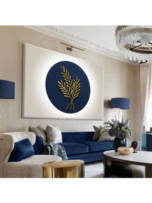 Harikabirev|mavi-Gold Çiçek Desenli Tablo |tekli Çerçevesiz Yatay Kanvas Tablo