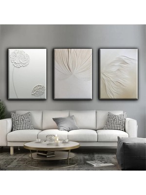 Harikabirev Kabartmasız Beyaz Soyut Çiçekli Tablo |3lü Dikey Çerçevesiz Kanvas Tablo Çsdkyknvs