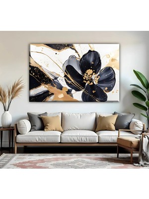 Harikabirev | Siyah-Gold Çiçek Desenli Modeli | Tekli Yatay Kanvas Tablo