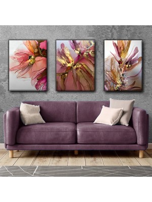 Harikabirev Pembe-Gold Çiçek Soyut Tablosu 02 |3lü Dikey Çerçevesiz Kanvas Tablo Çsdkyknvs