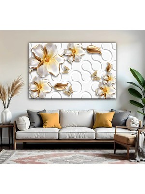 Harikabirev | Beyaz-Gold Çiçek Desenli Soyut Modeli 01 | Tekli Yatay Kanvas Tablo