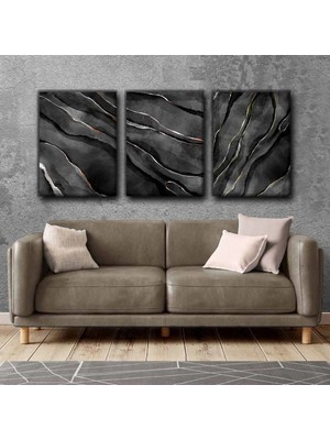 Harikabirev Marble Siyah-Gold Soyut Tablo|3lü Dikey Çerçevesiz Kanvas Tablo Çsdkyknvs