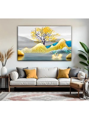 Harikabirev | Gold Göl Dağ Manzara Modeli 02 | Tekli Yatay Kanvas Tablo