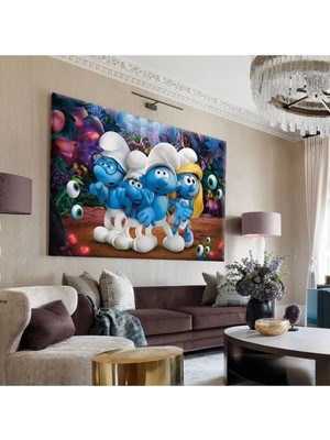 Harikabirev|mavi-Kırmızı-Sarı Şirinler Tablosu 4 |tekli Çerçevesiz Yatay Kanvas Tablo