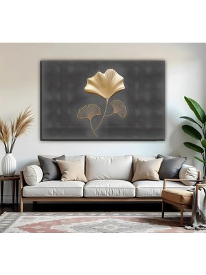 Harikabirev | Gold Yaprak Desenli Model 01 | Tekli Yatay Kanvas Tablo