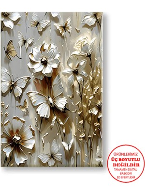Harikabirev Kanvas-Duvar-Salon Tablosu Yağlı Boya Efektli Floral Altın-1|tekli Dikey Çerçevesiz Tablo