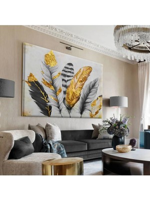 Harikabirev|gri-Gold Kombini En Çok Sevilen Tüy Tablosu |çerçevesiz Kanvas Tablo