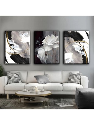 Harikabirev Siyah-Gold-Gri Çiçek Tablosu |3lü Dikey Çerçevesiz Kanvas Tablo Çsdkyknvs