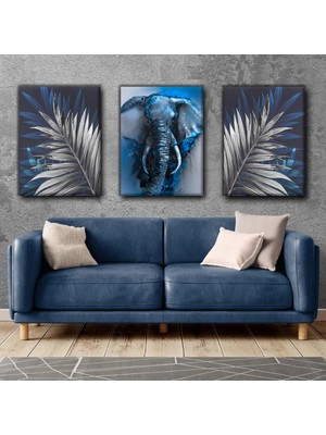 Harikabirev Gri-Lacivert Fil Tablosu |3lü Dikey Çerçevesiz Kanvas Tablo Çsdkyknvs