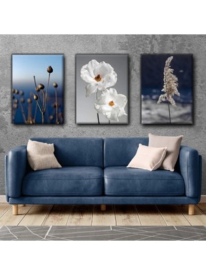 Harikabirev Mavi-Beyaz Çiçek Modern Tablo 02 | 3lü Dikey Çerçevesiz Kanvas Tablo Çsdkyknvs