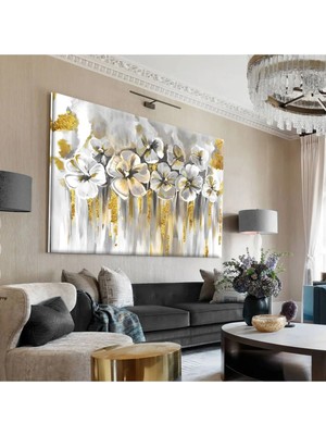 Harikabirev|gri-Gold Kombini En Çok Sevilen Çiçek Tablosu 2|çerçevesiz Kanvas Tablo