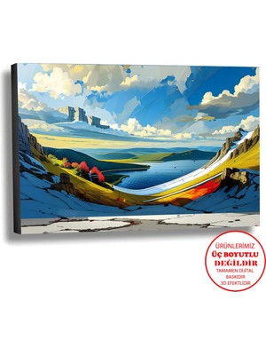 Harikabirev Kanvas-Duvar-Salon Tablosu Yağlı Boya Efektli Manzara Gizli Göl Art|tekli Yatay Çerçevesiz