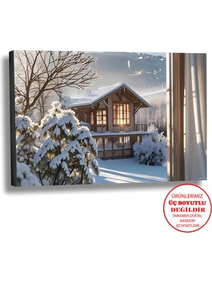 Harikabirev Kanvas-Duvar-Salon Tablosu Yağlı Boya Efektli Manzara Dağ Evi Art|tekli Yatay Çerçevesiz