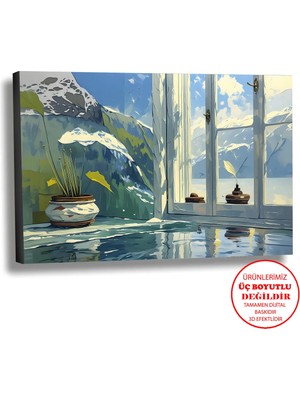 Harikabirev Kanvas-Duvar-Salon Tablosu Yağlı Boya Efektli Manzara Kış Penceresi Art|tekli Yatay Çerçevesiz