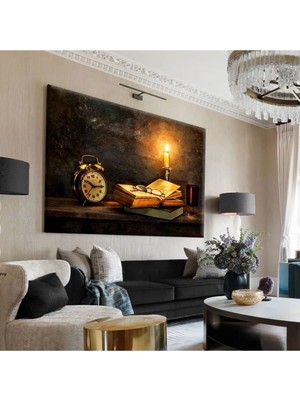 Harikabirev|krem-Gri -Sarı Saat ve Mum Tablo |tekli Çerçevesiz Yatay Kanvas Tablo