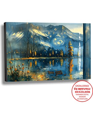 Harikabirev Kanvas-Duvar-Salon Tablosu Yağlı Boya Efektli Manzara Göl Kenarı Art|tekli Yatay Çerçevesiz