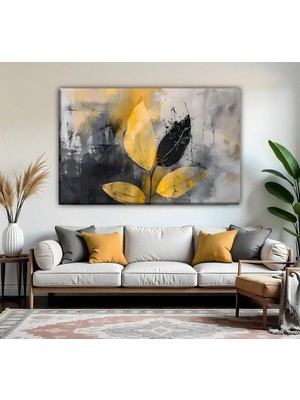 Harikabirev | Siyah-Sarı Yaprak Detaylı Model | Tekli Yatay Kanvas Tablo