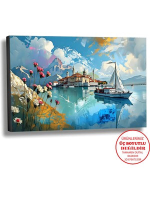 Harikabirev Kanvas-Duvar-Salon Tablosu Yağlı Boya Efektli Manzara Deniz Ülkesi Art|tekli Yatay Çerçevesiz