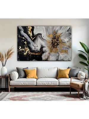Harikabirev | Siyah-Gri Gold Çiçek Soyut MODELI01 | Tekli Yatay Kanvas Tablo
