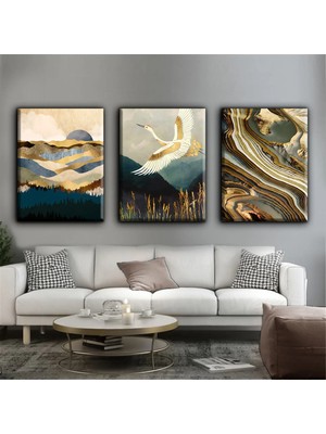 Harikabirev Gold Modern Kuş Tablosu |3lü Dikey Çerçevesiz Kanvas Tablo Çsdkyknvs
