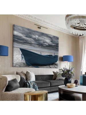 Harikabirev|gri -Mavi Kayik Manzara Tablosu|tekli Çerçevesiz Yatay Kanvas Tablo