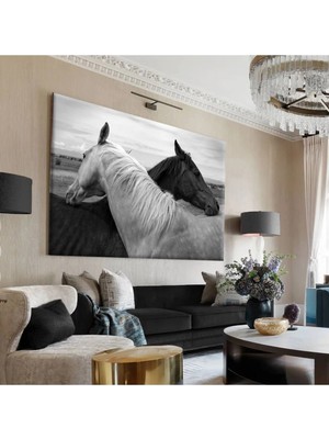Harikabirev|siyah-Gri -Beyaz At Tablosu |tekli Çerçevesiz Yatay Kanvas Tablo