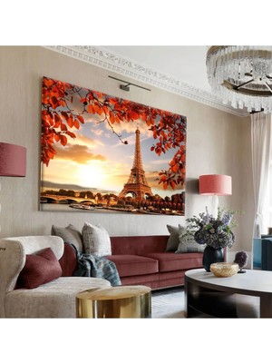 Harikabirev|kırmızı-Sarı Eiffel Tablosu 1 Tablosu|tekli Çerçevesiz Yatay Kanvas Tablo
