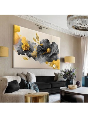 Harikabirev|krem-Gold-Mavi Çiçek Desenli Tablo|tekli Çerçevesiz Yatay Kanvas Tablo