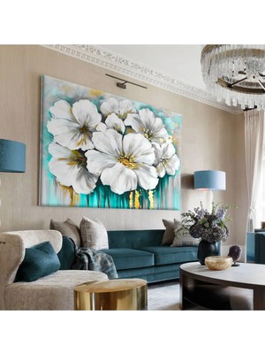 Harikabirev|turkuaz-Gold-Beyaz Çiçek Tablosu 5 |tekli Çerçevesiz Yatay Kanvas Tablo