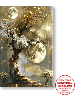 Harikabirev Kanvas-Duvar-Salon Tablosu Yağlı Boya Efektli Gold Ağaç-Ay|tekli Dikey Çerçevesiz Tablo