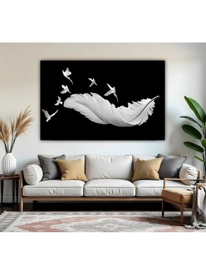Harikabirev | Beyaz Kanat-Kuş Desenli Modeli 01 | Tekli Yatay Kanvas Tablo