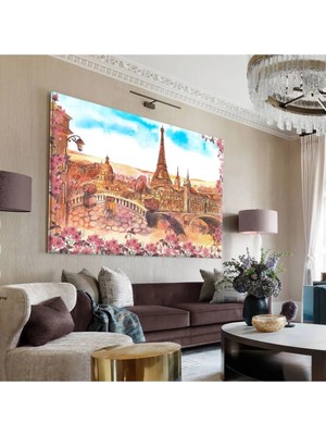 Harikabirev|beyaz-Mavi -Pembe Eifel Kulesi Tablo 1 |tekli Çerçevesiz Yatay Kanvas Tablo