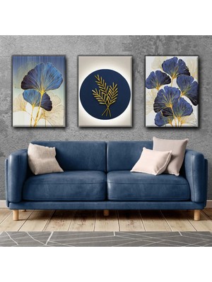 Harikabirev Lacivert Gold Yapraklı Modern Tablo |3lü Dikey Çerçevesiz Kanvas Tablo Çsdkyknvs