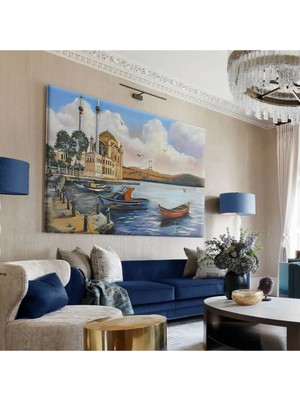 Harikabirev|beyaz-Mavi-Krem Camii Tablosu |tekli Çerçevesiz Yatay Kanvas Tablo