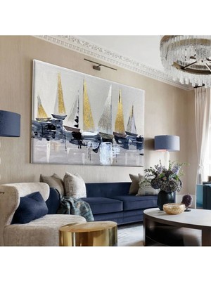 Harikabirev|gri -Sarı-Mavi Yelkenli Tablosu |tekli Çerçevesiz Yatay Kanvas Tablo