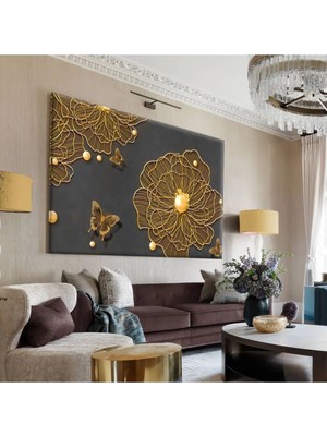 Harikabirev|gold Çiçek Desenli Tablo |tekli Çerçevesiz Yatay Kanvas Tablo