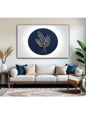 Harikabirev |gümüş-Lacivert Buğday Yaprğı Desenli Model | Tekli Yatay Kanvas Tablo