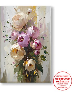Harikabirev Kanvas-Duvar-Salon Tablosu Yağlı Boya Efektli Floral Altın-1|tekli Dikey Çerçevesiz Tablo