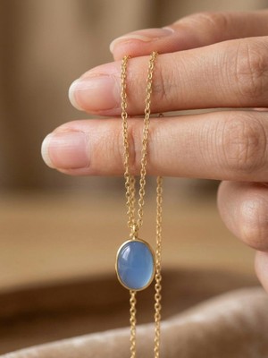 Wind Silver Açık Mavi Opal Taşlı Oval Kolye