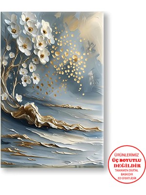 Harikabirev Kanvas-Duvar-Salon Tablosu Yağlı Boya Efektli Gri-Gold Manolya|tekli Dikey Çerçevesiz Tablo