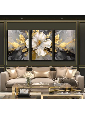 Harikabirev Gri-Beyaz Çiçek Soyut Tablo 02 |3lü Dikey Çerçevesiz Kanvas Tablo Çsdkyknvs