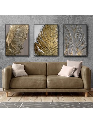 Harikabirev Altın-Gri Yaprak Desenli Tablo |3lü Dikey Çerçevesiz Kanvas Tablo Çsdkyknvs
