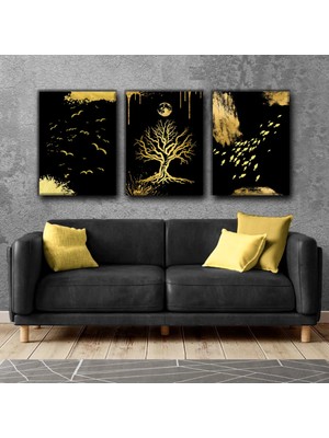 Harikabirev Gold-Siyah Soyut Ağaç Tablosu|3lü Dikey Çerçevesiz Kanvas Tablo Çsdkyknvs
