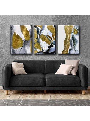 Harikabirev Gri-Altın Soyut Tablo 02 |3lü Dikey Çerçevesiz Kanvas Tablo Çsdkyknvs