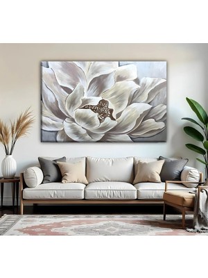 Harikabirev | Gri Krem Çiçek Detay MODELI01 | Tekli Yatay Kanvas Tablo