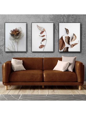 Harikabirev Beyaz-Kahve Renk Yaprak Tablosu |3lü Dikey Çerçevesiz Kanvas Tablo Çsdkyknvs